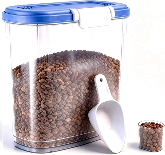 10-15 Lbs Dog Cat Pet Food Storage Container Airtight, Slim Dry Food Bin | Clear Plastic Food Container for Dogs, Cats, Bird Seeds, Kibble, Pellets, Rice, Flour, Food Container with Lid, Scoop and Cup