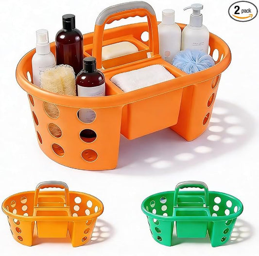 SIMPLYKLEEN Large Shower Caddy Portable 2PC - Made in USA Plastic Jumbo Size Dorm Storage Candy Tote with Handle Shower Organizer for Bathroom, Pantry, Kitchen, College Dorm, Green/Orange