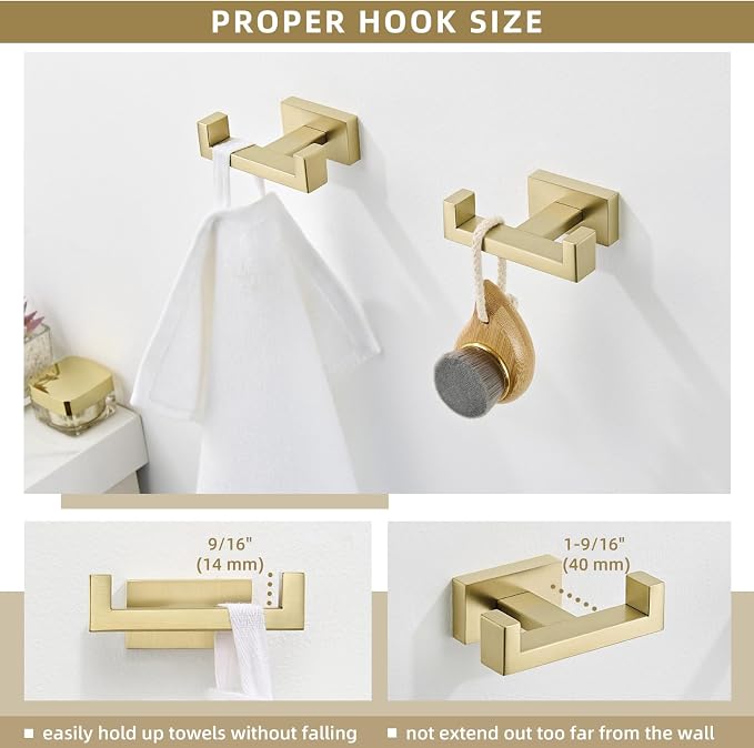 Angle Simple Double Towel Hook, SUS304 Stainless Steel Hand Towel Holder, Bathroom Robe Coat Hook for Wall, Brushed Gold, 2 Pack