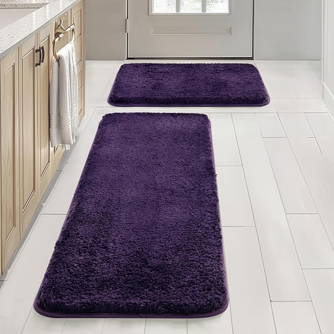 MIULEE Dark Purple Bathroom Rugs Set 2 Piece Soft Bath Mats 16x24+16x48 in | Soft Absorbent Microfiber Bath Rugs, Non Slip, Quick Dry, Fluffy Bath Rugs for Bathroom Floor Tub Showers, Machine Washable