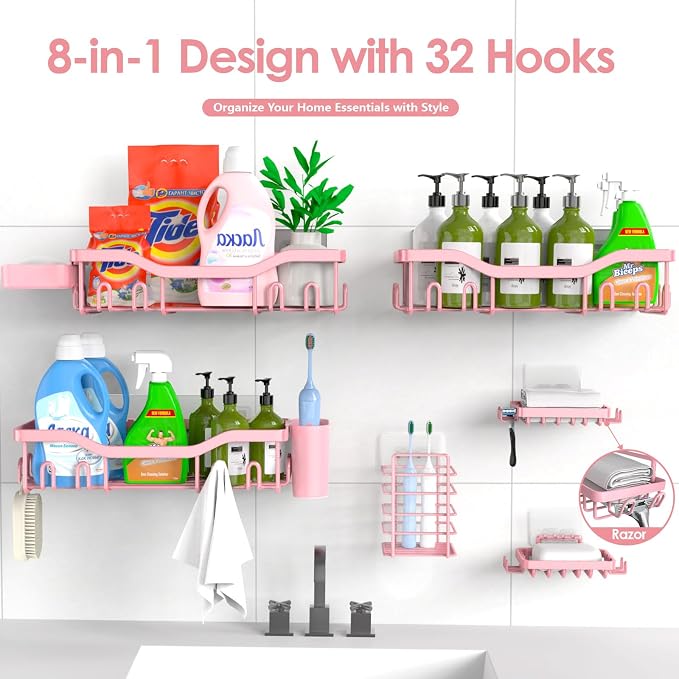 NESOMI Shower Caddy Adhesive Shower Organizer 8-Pack, Rustproof Stainless Steel Bathroom Shelves, Large Capacity No-Drill Rack Storage Accessories with Soap Dish Toothbrush Holder Hooks