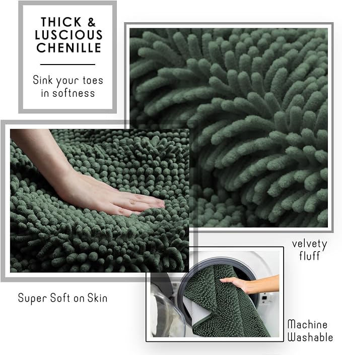 Hearth & Harbor Bathroom Rugs, Chenille Bath Mat - Machine Washable Bath Mats for Bathroom Non-Slip Backing Rubber, Quick Dry Bathroom Mat - Hunter Green 24x36