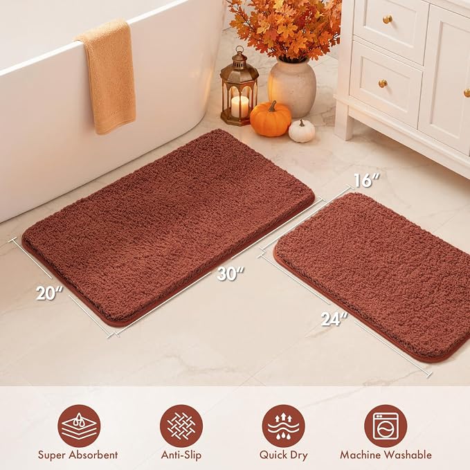 MIULEE Fall Rust Bathroom Rugs Set 2 Piece Soft Bath Mats 16x24+20x30 Inch | Soft Absorbent Microfiber Bath Rugs, Non Slip, Quick Dry, Fluffy Bath Rugs for Bathroom Floor Tub Showers, Machine Washable