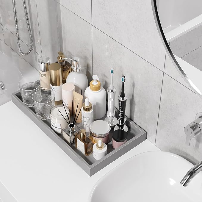 ZHWS Bathroom Vanity Tray for Countertop Perfume Makeup Jewelry Candle Decor, Kitchen Tray for Soap Dispenser Spice Salt, Large Tray for Toilet Tank Paper, Serving Nightstand Silver 13”x6.5”