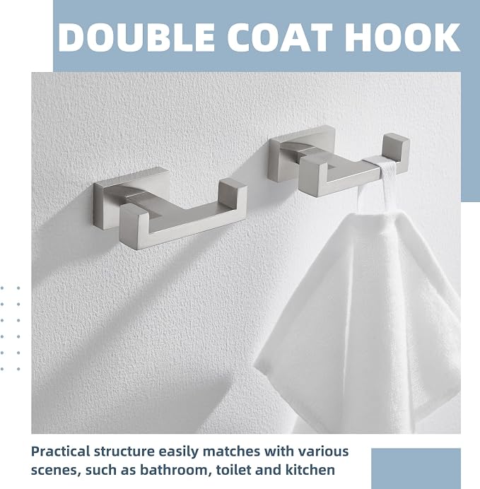 APLusee Double Bath Towel Hook 2 Pack, 304 Stainless Steel Square Dual Coat Holder, Modern Bathroom Kitchen Storage Hanger Wall Mounted, Brushed Nickel