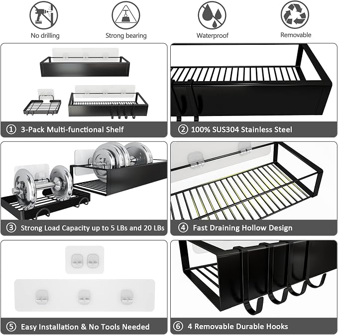 Shower Caddy Wall Mounted Stainless Steel Basket Shelf Shampoo Holder, Adhesive Shower Shelf Basket Rack Organizer, No Drilling Bathroom Shelf with Hooks, Kitchen Spice Holder-2 Pack