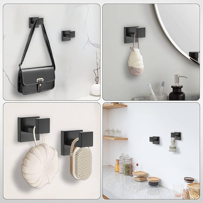 Towel Hooks for Bathroom 4 Packs Matte Black Bathroom Coat Hook Robe Towel Hooks Heavy Duty Door Hangers SUS304 Stainless Steel Wall Mounted