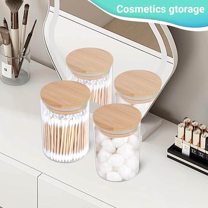 BKYFPQ 2 Pack Glass Qtip Holder Dispenser for Cotton Ball,Swab,Pads,Floss | Apothecary Jars with Lids,Vanity Makeup Organizer and Bathroom Canister Storage Organizer