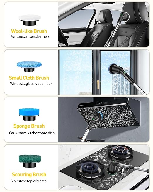 Electric Spin Scrubber for Bathroom, Shower Scrubber with Long Handle | Shower Cleaner Brushes, IPX7 Waterproof & 2 Speed, 8 Brush Heads, 90min Runtime, Bathroom Cleaning Supplies for Toilet Tub