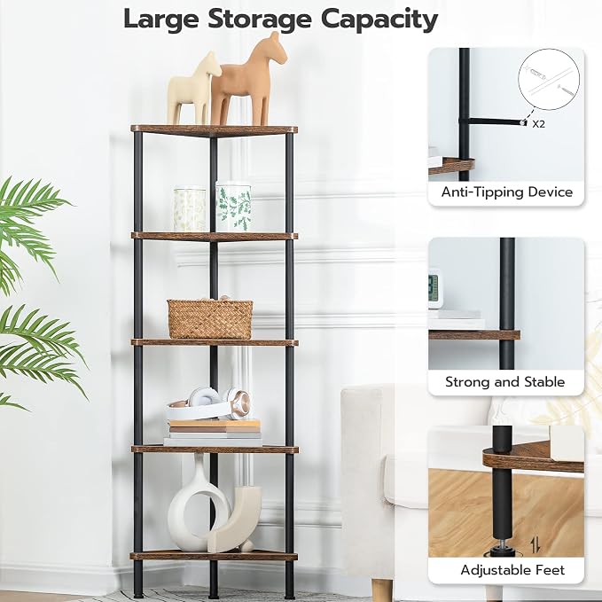 HOOBRO Corner Shelf Stand, Industrial 5-Tier Corner Bookshelf with Metal Frame, Plant Display Shelf, Small Bookcase for Small Spaces, Bedroom, Living Room, Rustic Brown BF33CJ01