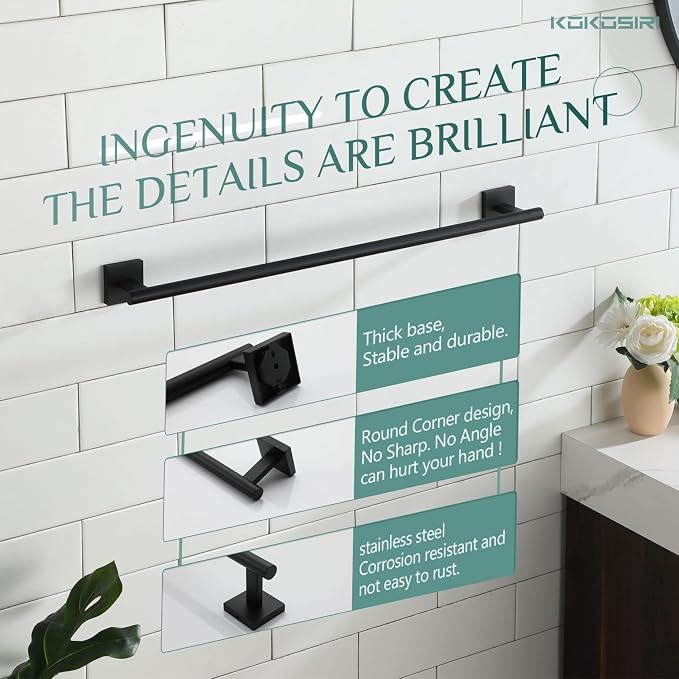 KOKOSIRI Towel Rails Bathroom Towel Bars Matte Black 24 Inch Bath Towel Holder for Cabinet Kitchen Wall Stainless Steel B4005BK-L24