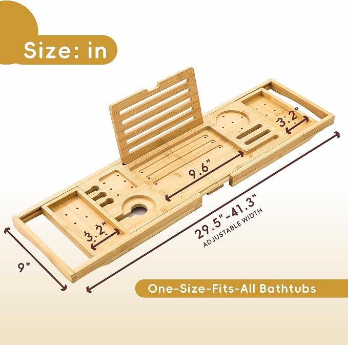 Premium Foldable Bamboo Bathtub Tray Caddy, Expandable Bath Caddy Tray with Holder, Natural Bath Shelf Over Tub, Spa Bathroom Accessories & Gifts for Home
