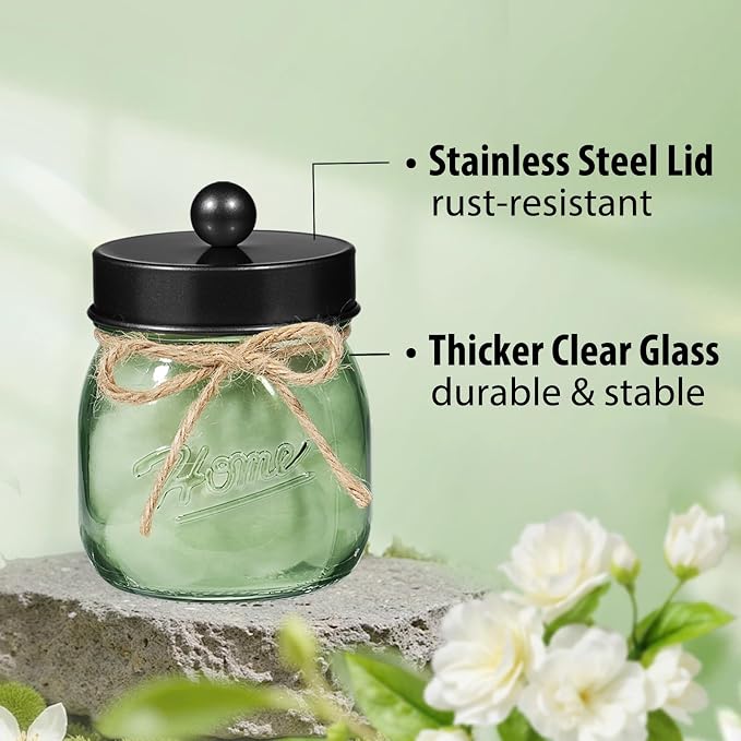 SheeChung Green Glass Mason Jar Qtip Holder Dispenser with Black Metal Lid | Apothecary Jar Canisters Set,Stainless Steel Lid,Small Bathroom Jars,Vanity Storage Organizer for Cotton Swabs,Ball,Pad,Floss