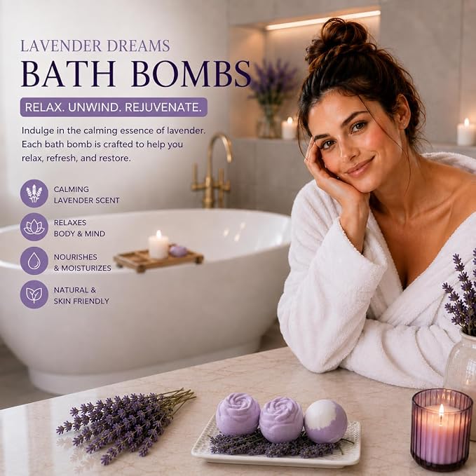 EvolutionUSA Lavender Dreams Bath Bombs for Women, 12 Organic Flower Bath Bombs, Soft Lavender Bath Bombs, Womens Bath Bombs Gift, Lush Bath Bombs for Girls, Relaxing Bathbombs, Bath Balls