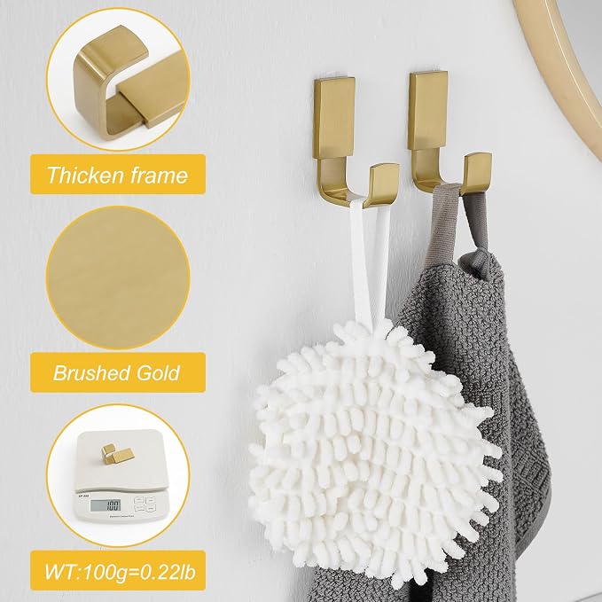 BESy Brass Clothes Hook Single Towel Hook for Bathroom Kitchen Garage Square Style Robe Hooks Coat and Hat Hook, Wall Mounted with Screws, Brushed Gold