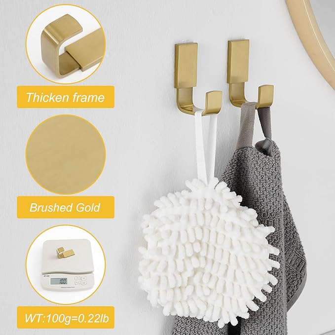 BESy Brass Clothes Hook Single Towel Hook for Bathroom Kitchen Garage Square Style Robe Hooks Coat and Hat Hook, Wall Mounted with Screws, Four Packs, Brushed Gold