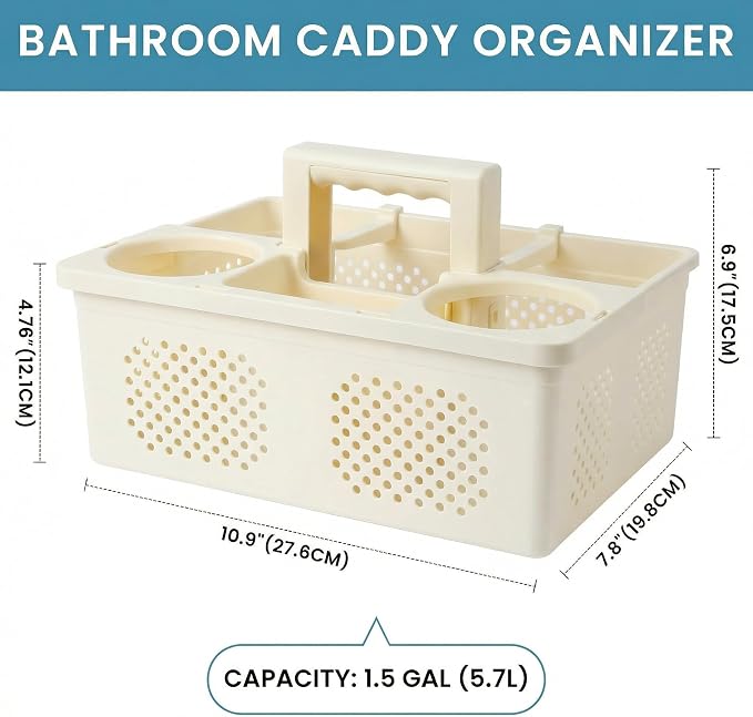 KMV Dorm Room Portable Shower Caddy with Adjustable Compartments - Ventilated Drainage Design with Handles, Perfect Toiletries Organizer for College Dorms-beige