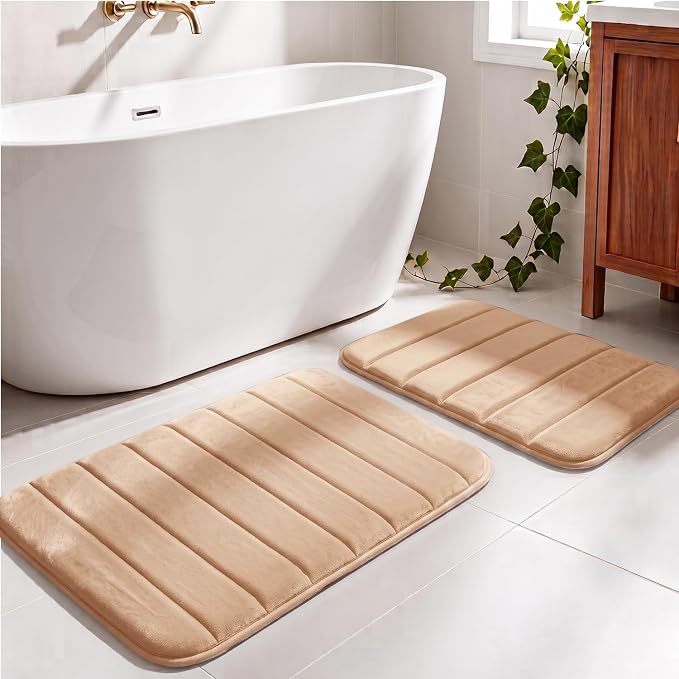 Memory Foam Bathroom Rugs Sets 2 Piece - Super Soft Absorbent Quick Dry Memory Foam Bathroom Rugs, Machine Washable Non Slip Floor Carpet for Tub Shower & Single Sink 32"x20"+24"x16"(Beige)
