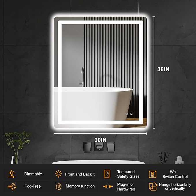 TRAHOME LED Bathroom Vanity Mirror with Lights, 36"x30" Lighted Wall Mirror | Front and Backlit, Anti Fog, Dimmable 3 Color Lighting, Memory Function, Shatterproof Glass, Plug in or Hardwired