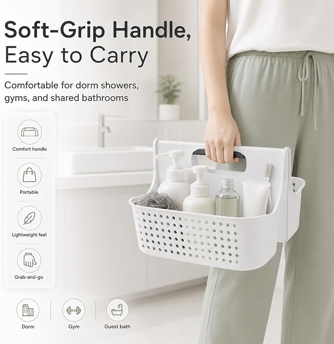 Haundry Portable Shower Caddy Basket, 2 Compartments Plastic Cleaning Caddy Organizer, Large Storage Tote with Handle for Bathroom, College, Dorm Room Essentials, White