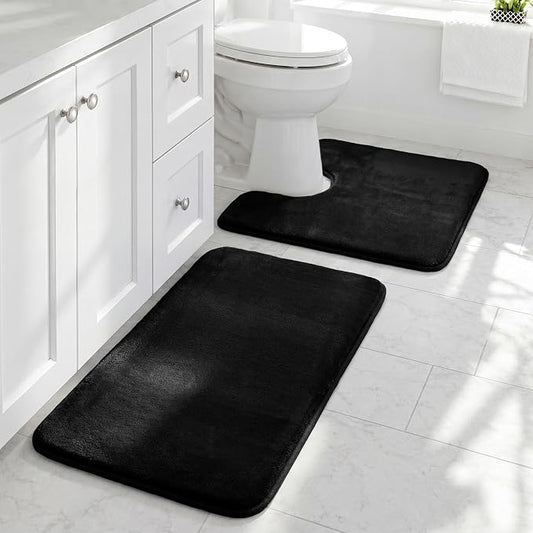 Bathroom Rugs Sets 2 Piece, Non-Slip & Quick Dry Bath Mat Set, Ultra Soft Velvet Bath Rugs for Bathroom, Toilet and Shower Floor, Black
