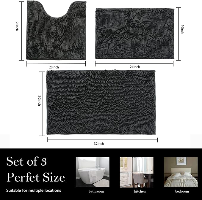 Bathroom Rugs Chenille Bath mat 3 Piece Set, Super Absorbent, Strong PVC Non Slip Backing, Bath mats for Bathroom, Plush Shaggy, Thick, Machine Washable, Bathtub, Toilet, Dark Grey