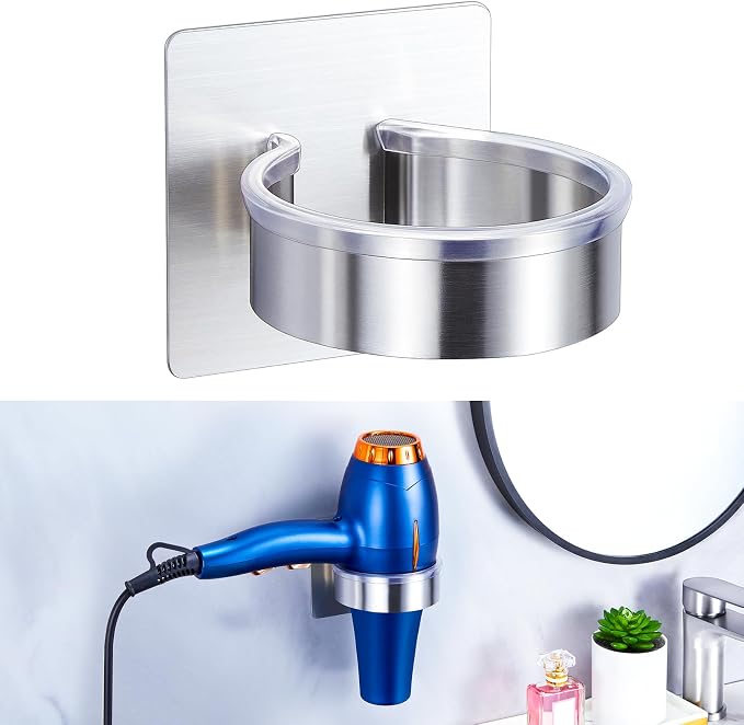 Hair Dryer Holder Wall Mount, Blow Dryer Holder Wall, Adhesive Hair Dryer Hanger, Blow Dryer Organizer, Hair Tools Organizer for Bathroom Salon Barber Shop Hotel (Silver)