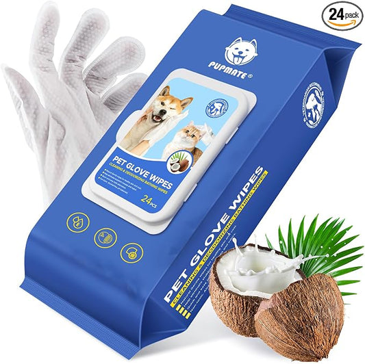 Pet Cleaning Glove Wipes for Dogs & Cats, Hypoallergenic Deodorizing Disposable Bathing Wipes,No-Rinse Grooming Wipes,Perfect for Pet Dry Cleaning,Daily Care and Travel, Coconut Scent, 24 pcs