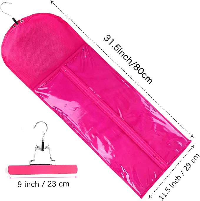 3PCS Extra Long Wig Storage Bag with Wooden Hanger Hair Extension Storage Bag with Hanger Portable Dust-proof Portable Suit with Transparent Zip Up for Hairpiece （Rose