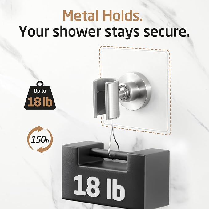 KES All Metal Shower Head Holder Adhesive, Dual-Size Opening Handheld Shower Head Holder Wall Mount for Standard & Oversized Shower Hose, Adjustable Shower Wand Holder, Brushed Steel, C208DF-BS