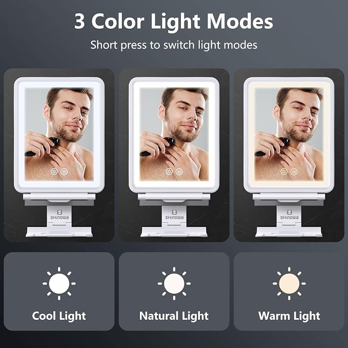 Heated Shower Mirror Fogless for Shaving, Anti-Fog Mirror for Shower | 3 Colors Stepless Dimmable Lights, 5000mAh Rechargeable Battery with Razor Holder, No-Drilling, Light Memory Function