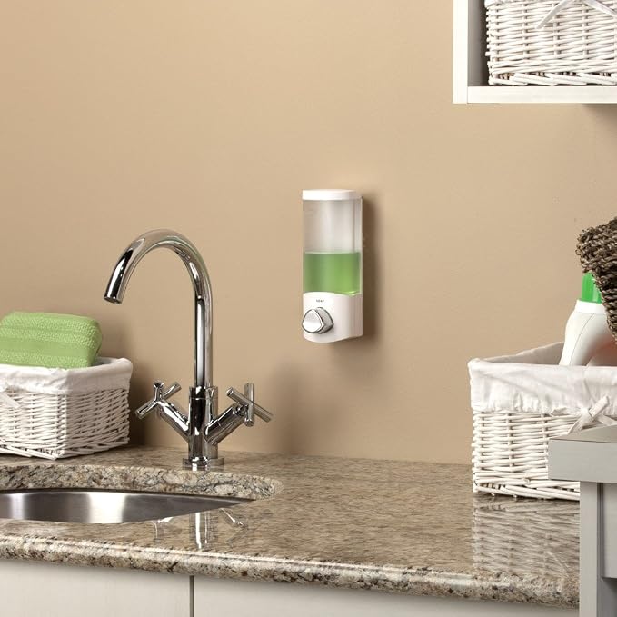 Better Living 76154-1 Products EURO, 1-Chamber, White | 1 Chamber, Soap and Sanitizer Dispenser Pump, Corner or Flat Wall Installation, No Drill Adhesive