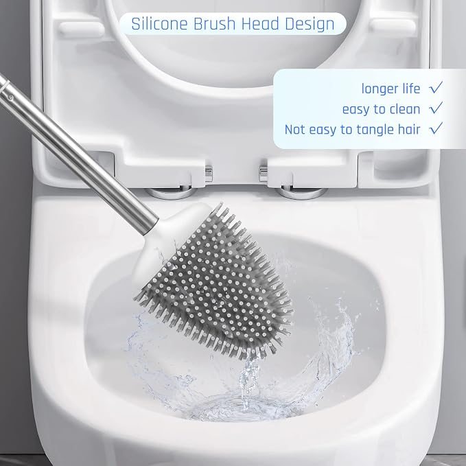 Silicone Toilet Brush, Ventilation Slots Base Holder 3 Pack, White | Flexible Bristles Flat Head for Rim, Hair Tangle-Free, Easy to Clean, Compact Design, Rustproof Handle, for Toilet/Sink/Tub