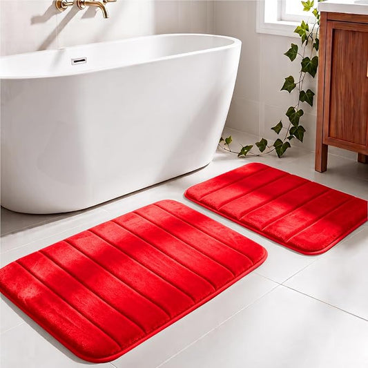 Memory Foam Bathroom Rugs Sets 2 Piece - Super Soft Absorbent Quick Dry Memory Foam Bathroom Rugs, Machine Washable Non Slip Floor Carpet for Tub Shower & Single Sink 32"x20"+24"x16"(Red)