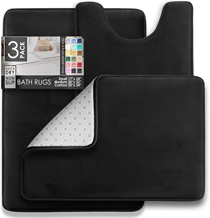 Clara Clark 3 Piece Bathroom Rugs Bath Mat Set, Velvet Memory Foam Bath Mats for Bathroom - Non-Slip, PVC Backing Bath Rugs, Washable - Dries Quickly, Black