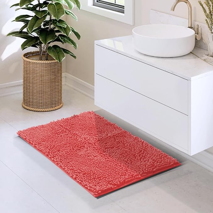 Hearth & Harbor Bathroom Rugs, Chenille Bath Mat - Machine Washable Bath Mats for Bathroom Non-Slip Backing Rubber, Quick Dry Bathroom Mat - Rose Bath Rug, 17x24