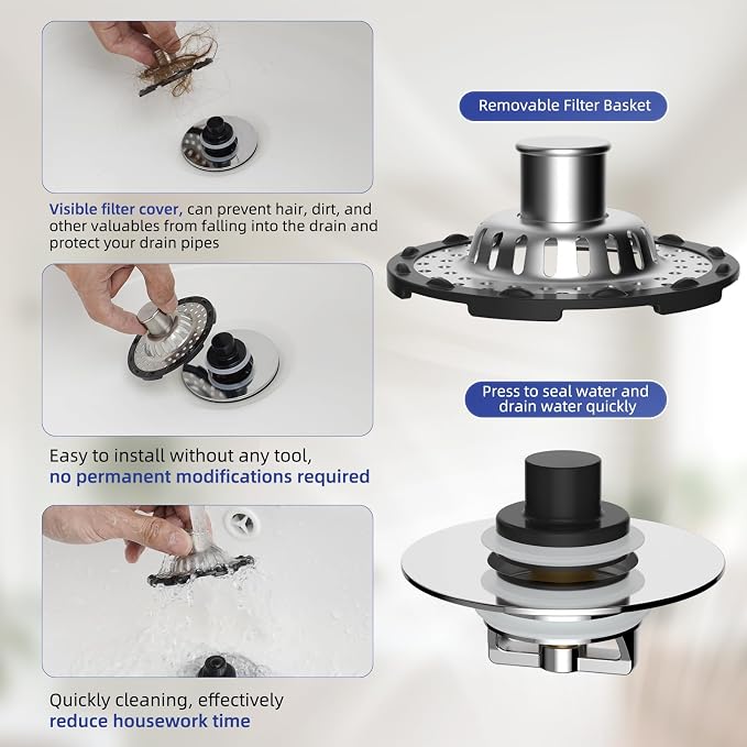 Universal Bathtub Drain Stopper Metal Hair Catcher, Top Strainer, Chrome | Shower Drain Tub Stopper with Stainless Steel Visible Filter Basket, Upgraded 3 in 1 Pop-up Drain Plug for 1.5 to 2.4" Hole