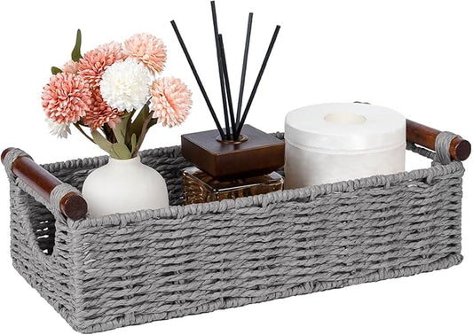 CubesLand Wicker Toilet Storage Basket Tray Organizer W/Cut Out Handle, Slim Decorative Basket for Countertop, Shelves And for Versatile Home Decor, Living Room, Nursery Organization, Grey