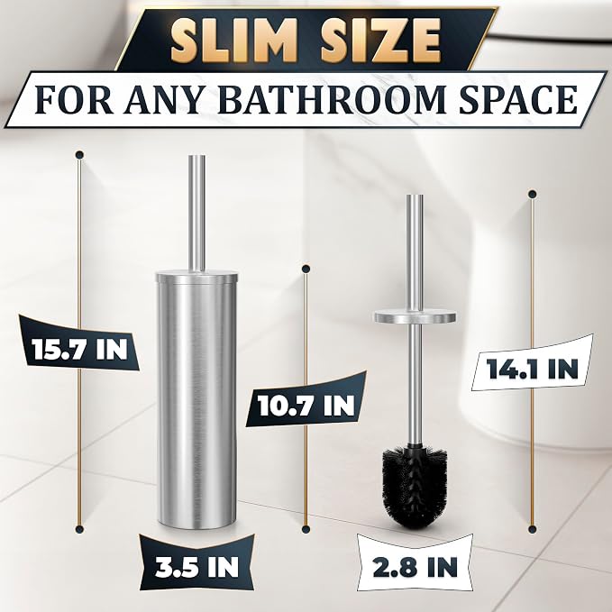 Stainless Steel Toilet Brush and Holder Set - Free-Standing Toilet Bowl Brush and Holder with Removable Inner Bowl, Splash Cover, Sturdy Bristles, Corrosion & Scratch Resistant - Modern Toilet Design