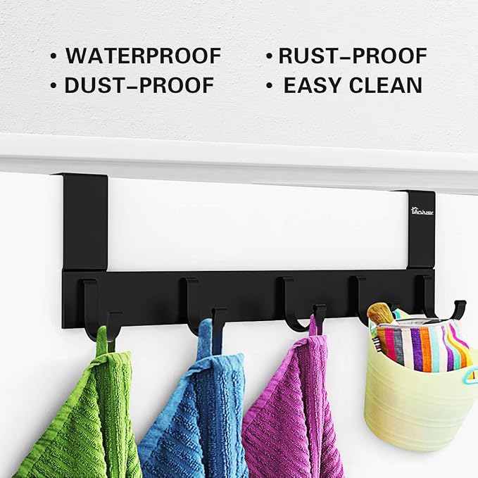 Over The Door Hook Organizer Rack, Metal Coat Hanger Door 5 Hooks Hanger Black