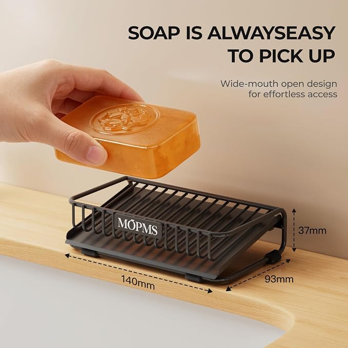 MOPMS Self Draining Soap Dish, Carbon Steel Bar Soap Holder for Shower | Waterfall Design Soap Saver for Bathroom, Kitchen Sink and Countertop, Sponges, Dispensers, Black