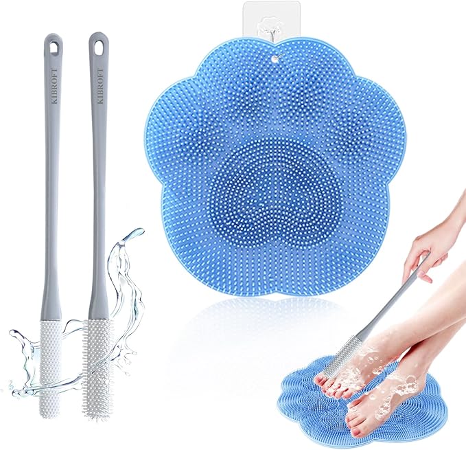 Toe Gap Cleaning Brush with Long Handle and Shower Foot Scrubber Mat, Silicone Toe Gap Cleaning Brush Cleans Your Feet Without Bending for Seniors, Men and Women