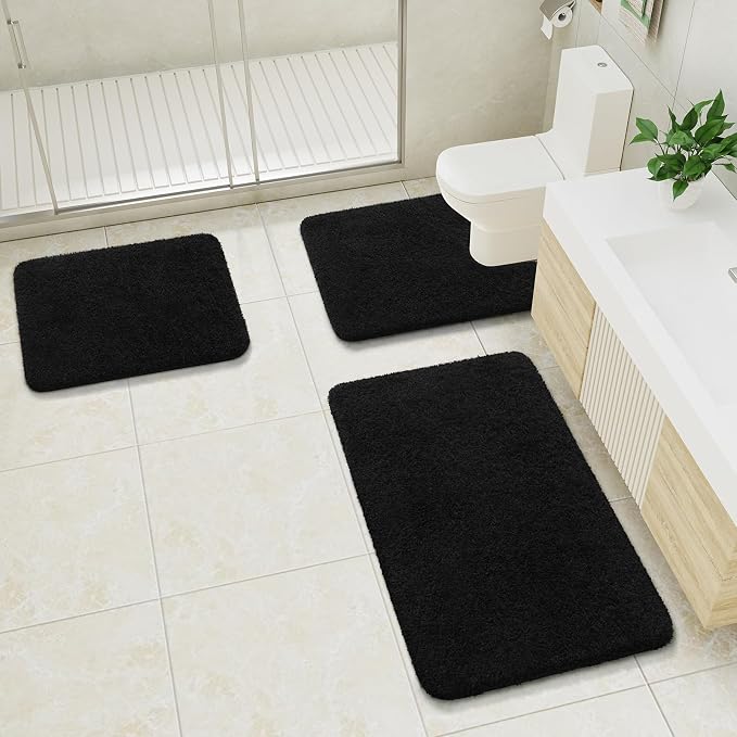 LOCHAS Bathroom Rugs Sets 3 Piece, Microfiber Bath Mat Set Non Slip, Black | Washable Absorbent Toilet Rug, Shaggy Soft Cozy Quick Dry