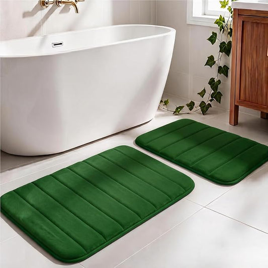Memory Foam Bathroom Rugs Sets 2 Piece - Super Soft Absorbent Quick Dry Memory Foam Bathroom Rugs, Machine Washable Non Slip Floor Carpet for Tub Shower & Single Sink 32"x20"+24"x16"(Dark Green)