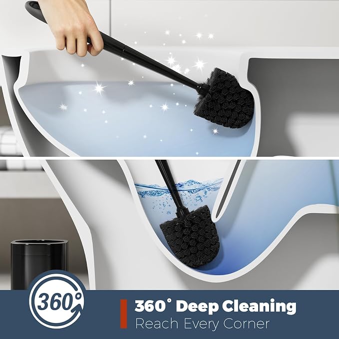 Holaloha Toilet Brush and Holder Set, Space Saving, 2 Pack, Black | Bathroom Accessories, Ergonomic Silicone Handle, Dense Bristles, Deep Cleaning, Scrubber, Compact Design