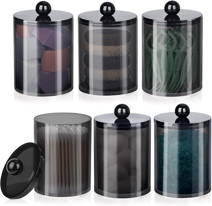 6 Pcs Acrylic Qtip Holder, Cotton Ball Holder Jars with Lids, Black | Apothecary Jars for Cotton Swabs, Balls, Pads and Floss Picks, Bathroom Vanity Organizer