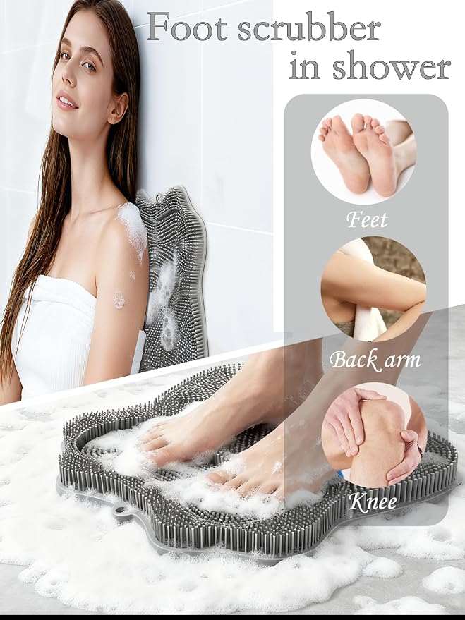 Shower Foot Scrubber Mat,Wall Mounted Back Scrubber Silicone Bath Massager Cushion Brush with Non-Slip Suction Cups,Foot Scrubber for Use in Shower for Improve Skin Exfoliation(Pink)