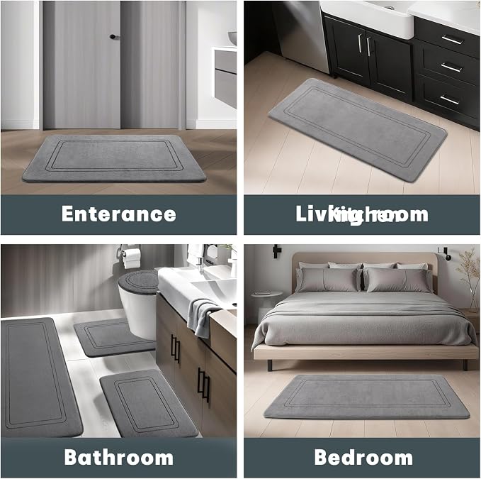 YIHOUSE Memory Foam Bath Mat Set, Non Slip Bath Mats for Bathroom, Super Soft and Water Absorbent Bath Rug Set, Machine Washable U Shape Toilet Mats, Light Grey