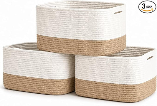 Honey Cotton Rope Baskets for Shelves, Set of 3 - 15"×10"×9½" - Woven Storage Baskets for Organizing - Closet, Nursery, Bedroom, Playroom - Toys, Books, Towels, Clothes