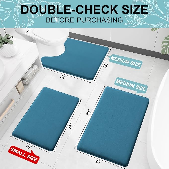 Smiry Memory Foam Bath Mat 24x16, Extra Soft and Absorbent Bathroom Rugs | Peacock Blue, Quick Dry Machine Washable Non-Slip Bath Mat for Bathroom Floor, Shower and Tub
